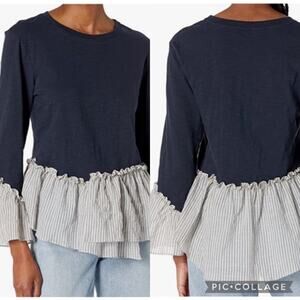 Cinq a Sept Kenny Peplum Ruffled Striped Bell Sleeve Top Size S Office Preppy